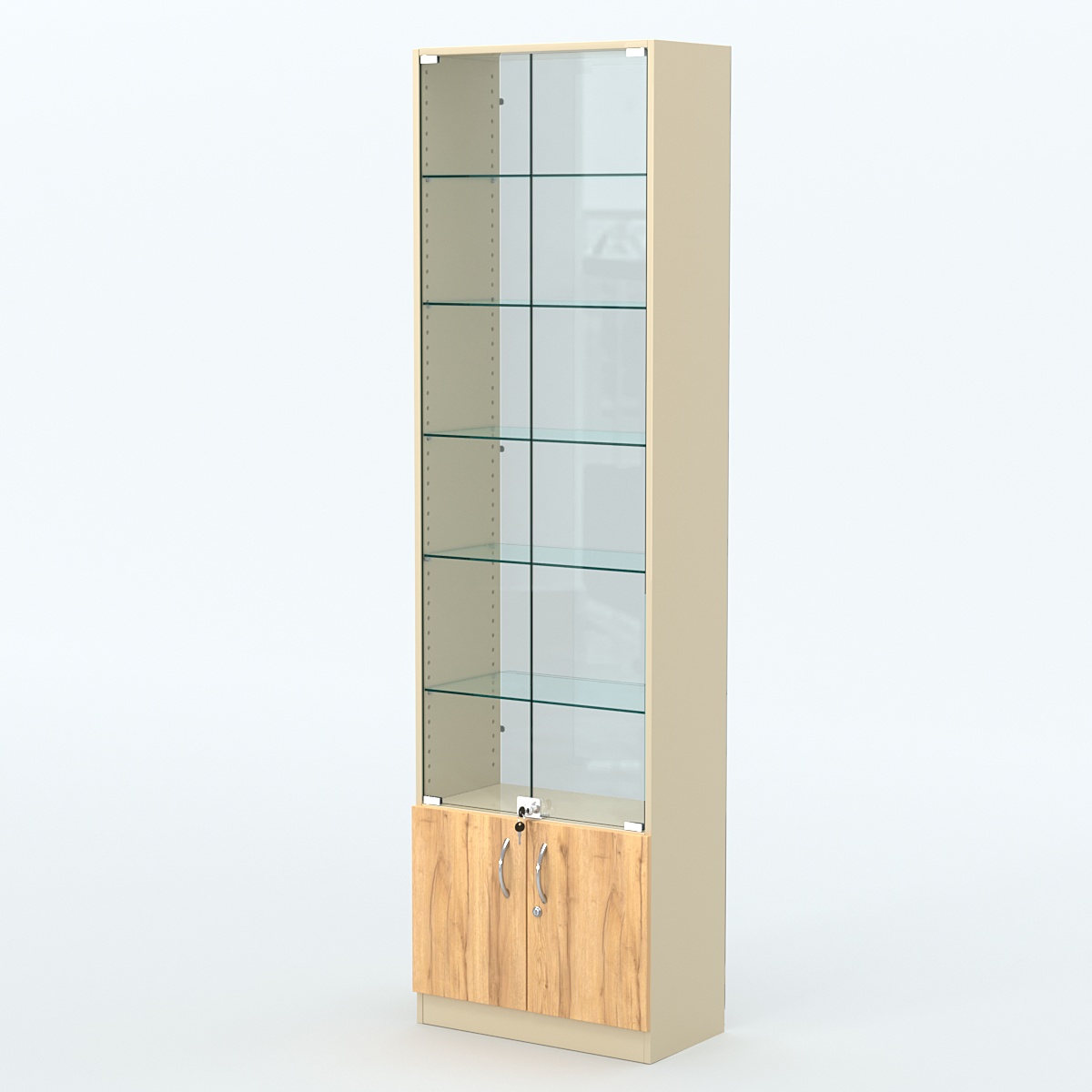 Торговая витрина с 5-ю стеклянными полками 300x600 мм серии NEXT-5 №5-1 (З/C - СТЕКЛО) Крем Вайс и Дуб Золотистый