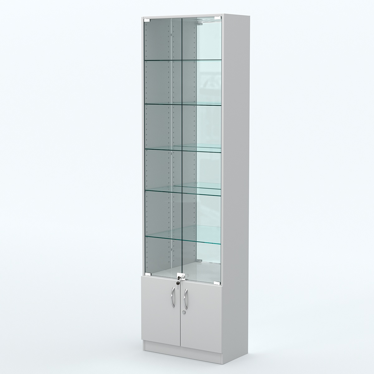 Торговая витрина с 5-ю стеклянными полками 300x600 мм серии NEXT-5 №5-2 (З/C - ЗЕРКАЛО) Серый