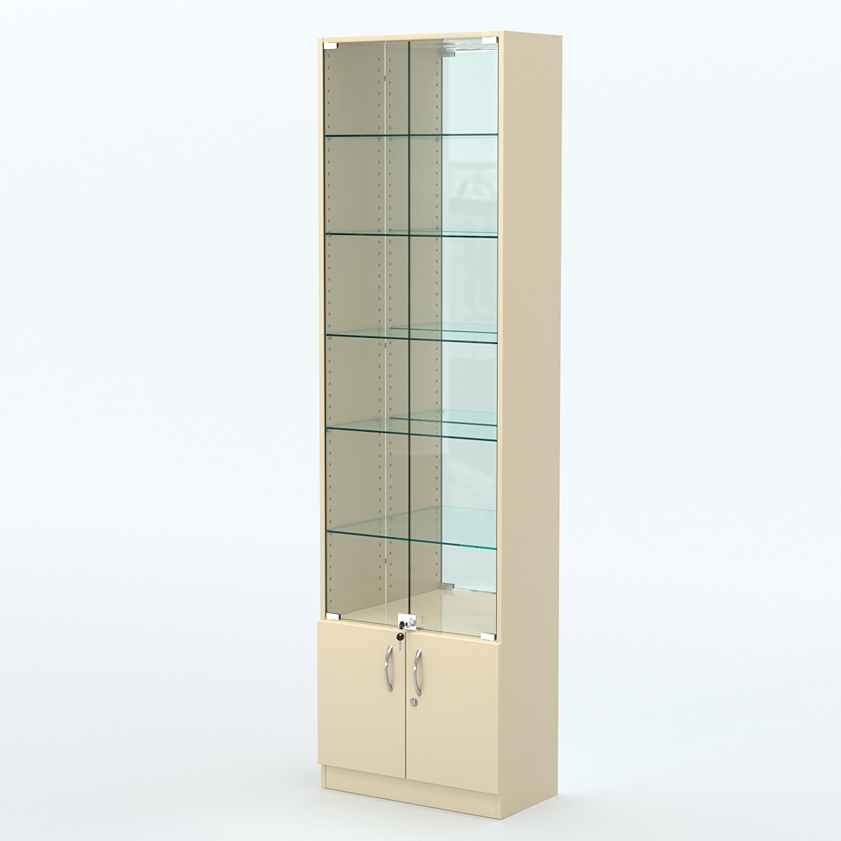 Торговая витрина с 5-ю стеклянными полками 300x600 мм серии NEXT-5 №5-2 (З/C - ЗЕРКАЛО) Крем Вайс