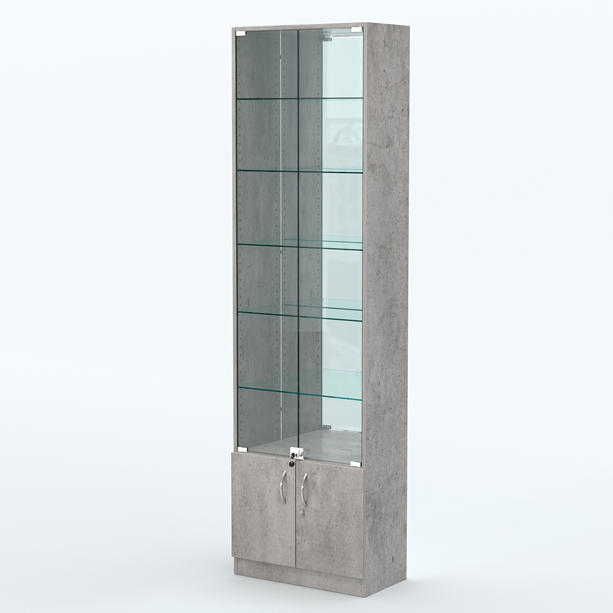 Торговая витрина с 5-ю стеклянными полками 300x600 мм серии NEXT-5 №5-2 (З/C - ЗЕРКАЛО) Бетон Чикаго светло-серый F186 ST9