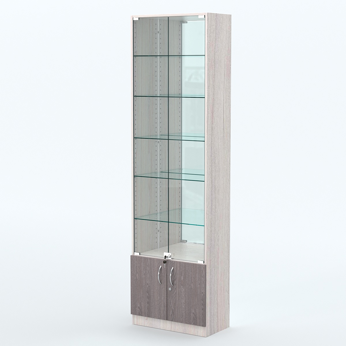 Торговая витрина с 5-ю стеклянными полками 300x600 мм серии NEXT-5 №5-2 (З/C - ЗЕРКАЛО) Ясень Анкор светлый + Ясень Анкор темный