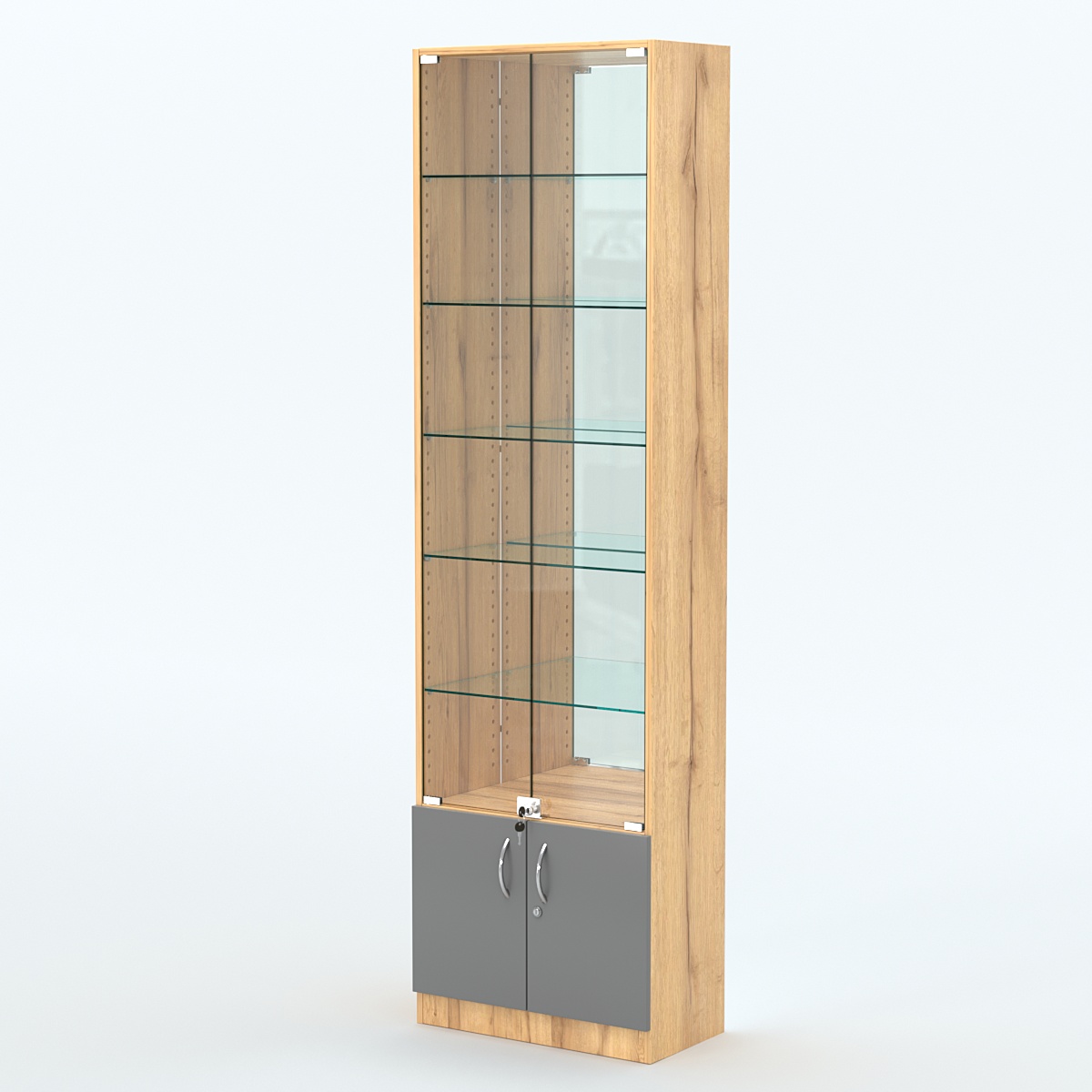 Торговая витрина с 5-ю стеклянными полками 300x600 мм серии NEXT-5 №5-2 (З/C - ЗЕРКАЛО) Дуб Золотистый и Темно-Серый