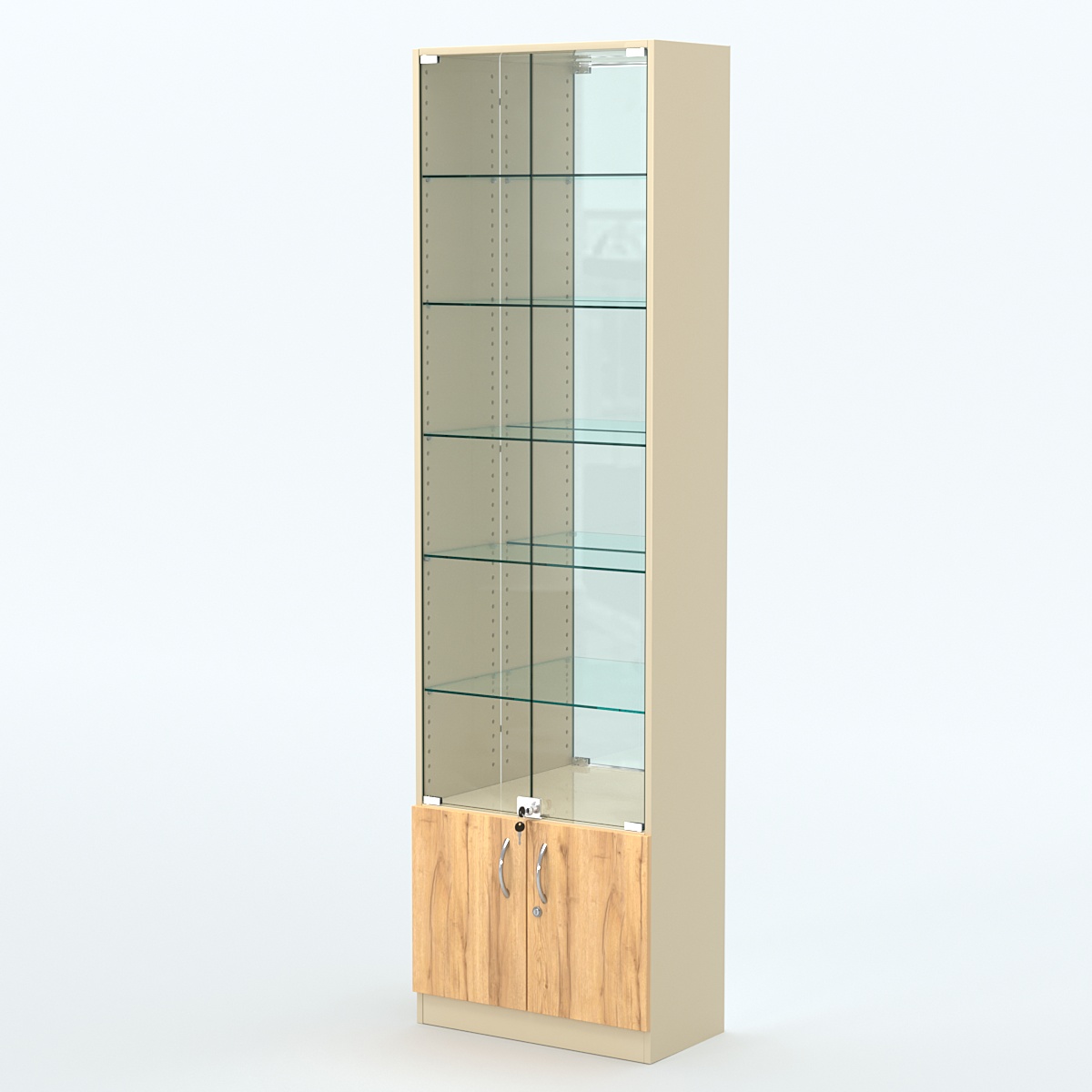 Торговая витрина с 5-ю стеклянными полками 300x600 мм серии NEXT-5 №5-2 (З/C - ЗЕРКАЛО) Крем Вайс и Дуб Золотистый