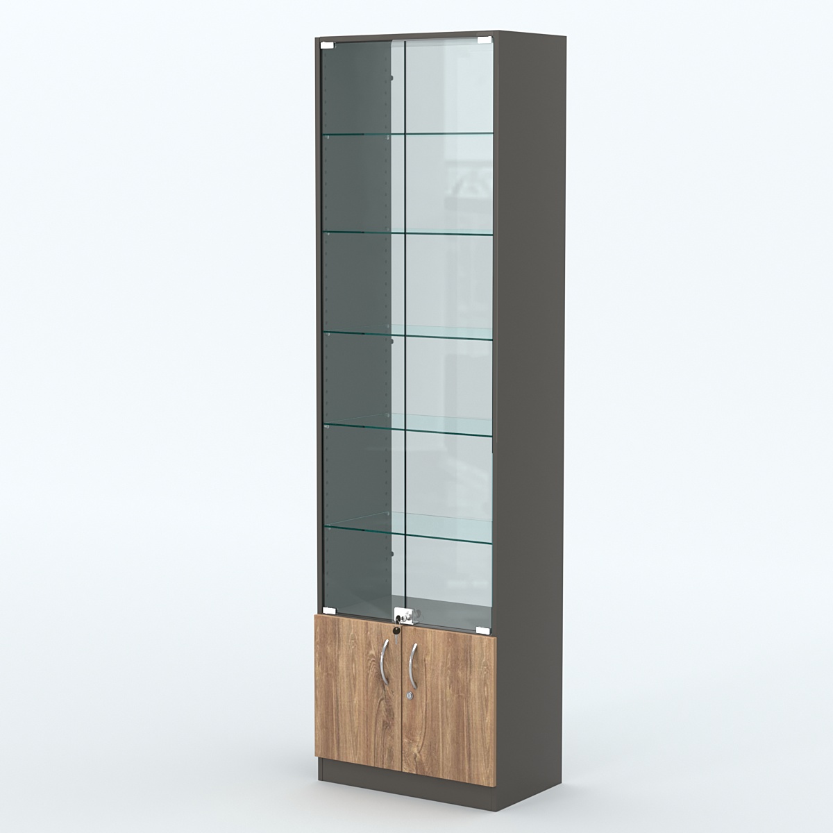 Торговая витрина с 5-ю стеклянными полками 350x600 мм серии NEXT-5 №6-1 (З/C - СТЕКЛО) Черный + Дуб Канзас Коричневый