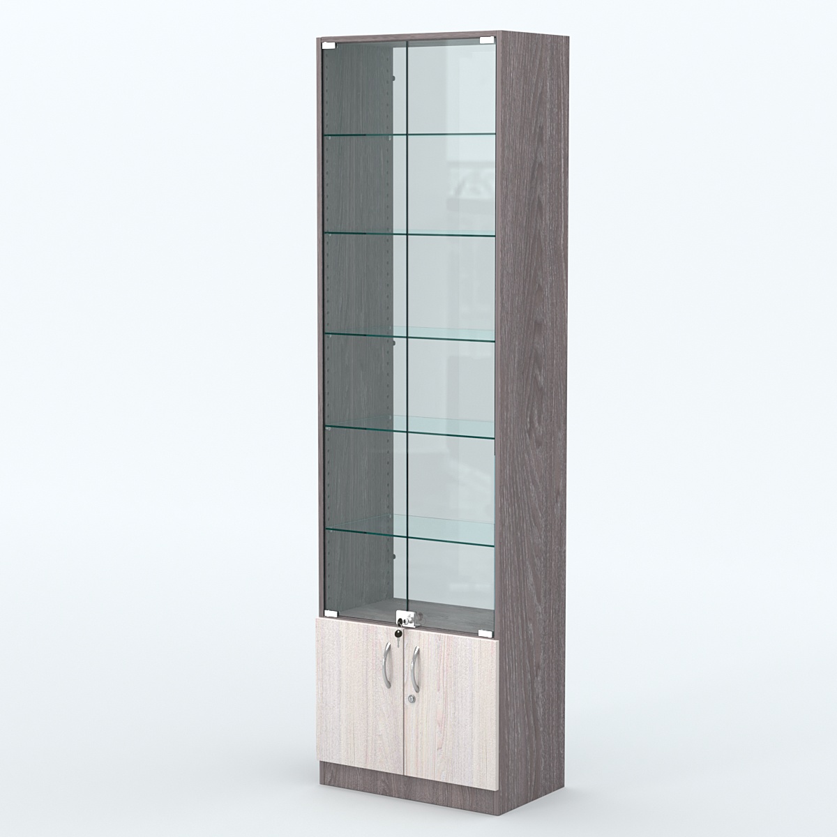 Торговая витрина с 5-ю стеклянными полками 350x600 мм серии NEXT-5 №6-1 (З/C - СТЕКЛО) Ясень Анкор темный + Ясень Анкор светлый