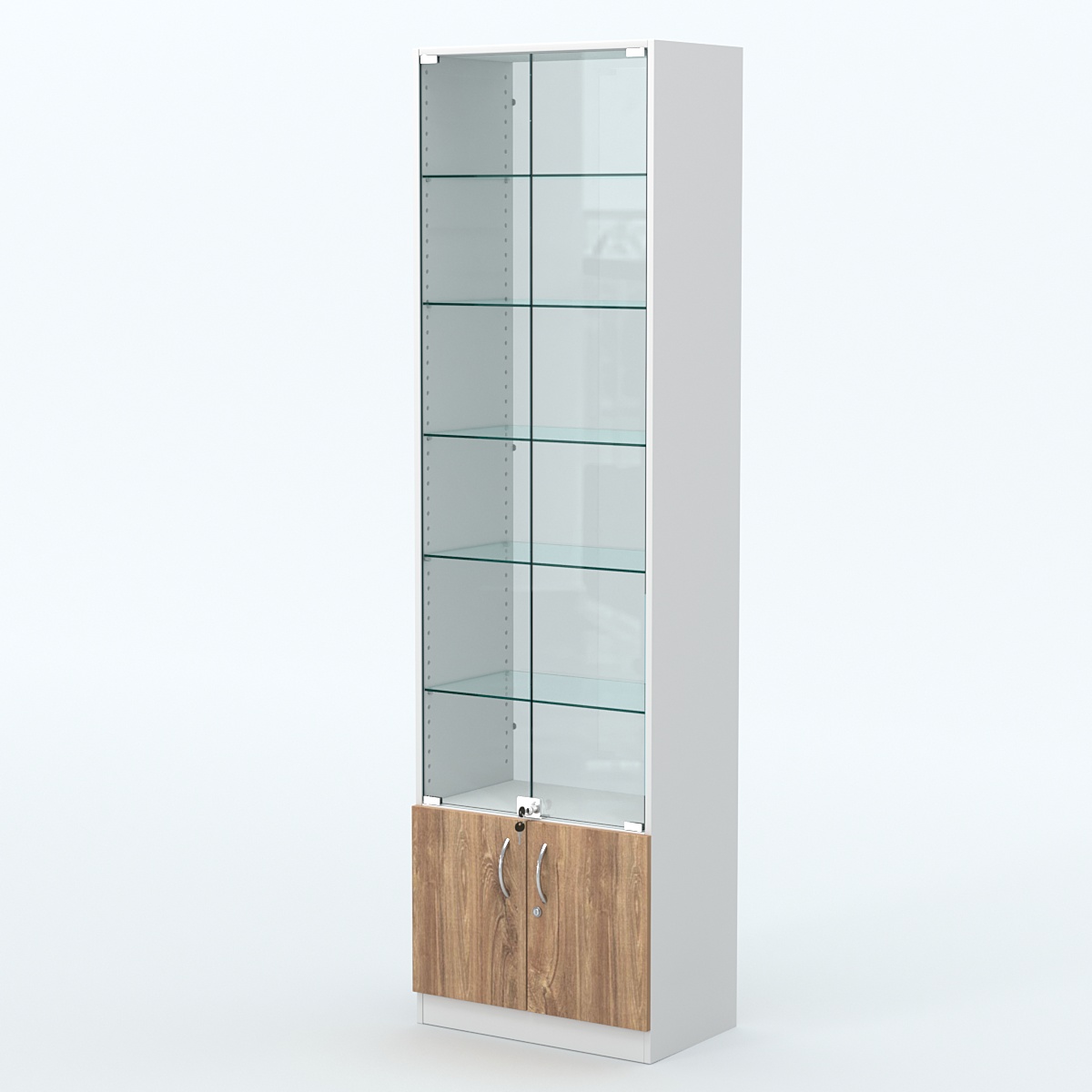 Торговая витрина с 5-ю стеклянными полками 350x600 мм серии NEXT-5 №6-1 (З/C - СТЕКЛО) Белый + Дуб канзас коричневый