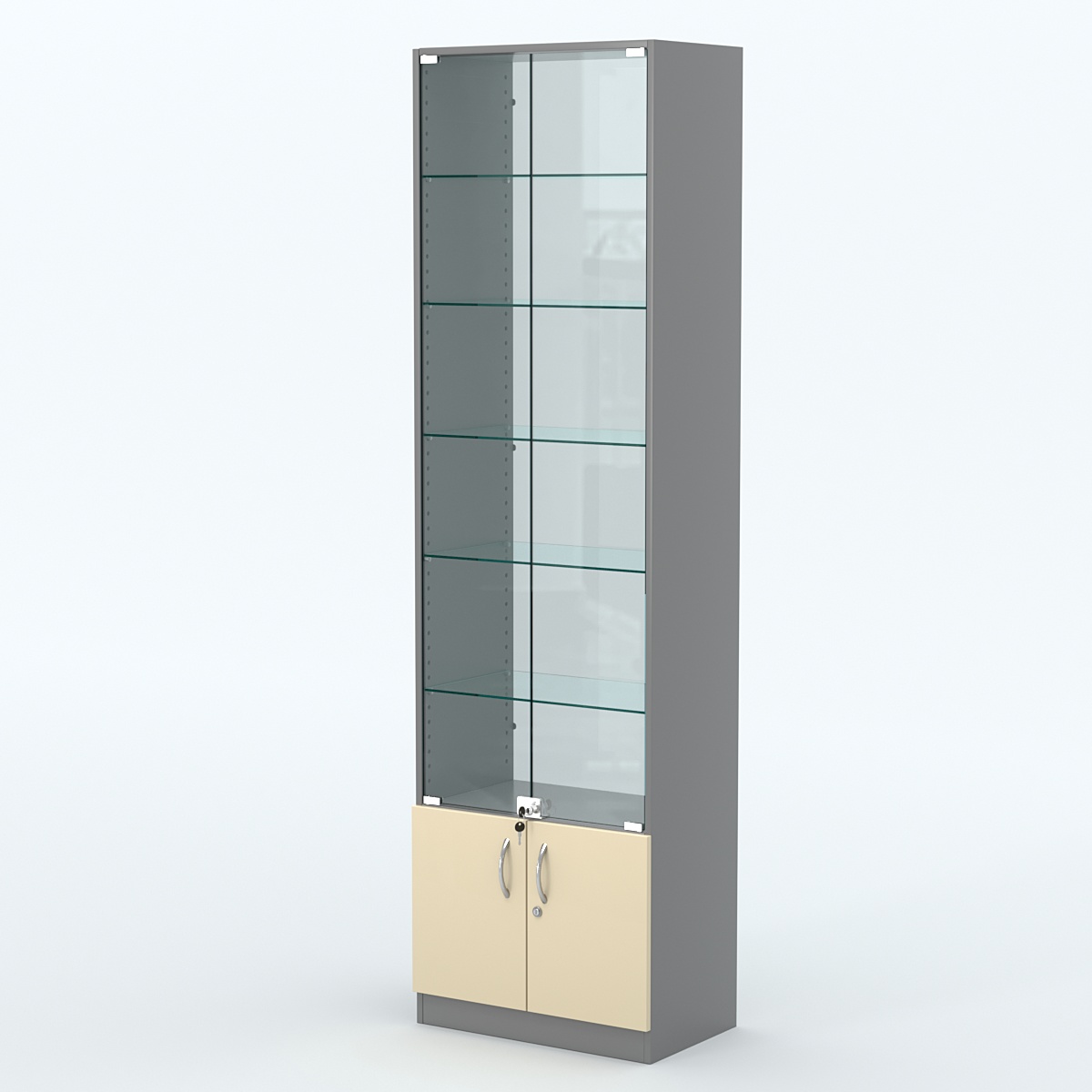 Торговая витрина с 5-ю стеклянными полками 350x600 мм серии NEXT-5 №6-1 (З/C - СТЕКЛО) Темно-серый + Крем Вайс