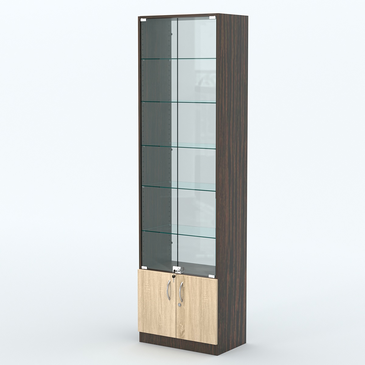 Торговая витрина с 5-ю стеклянными полками 350x600 мм серии NEXT-5 №6-1 (З/C - СТЕКЛО) Дуб Венге + Дуб Сонома