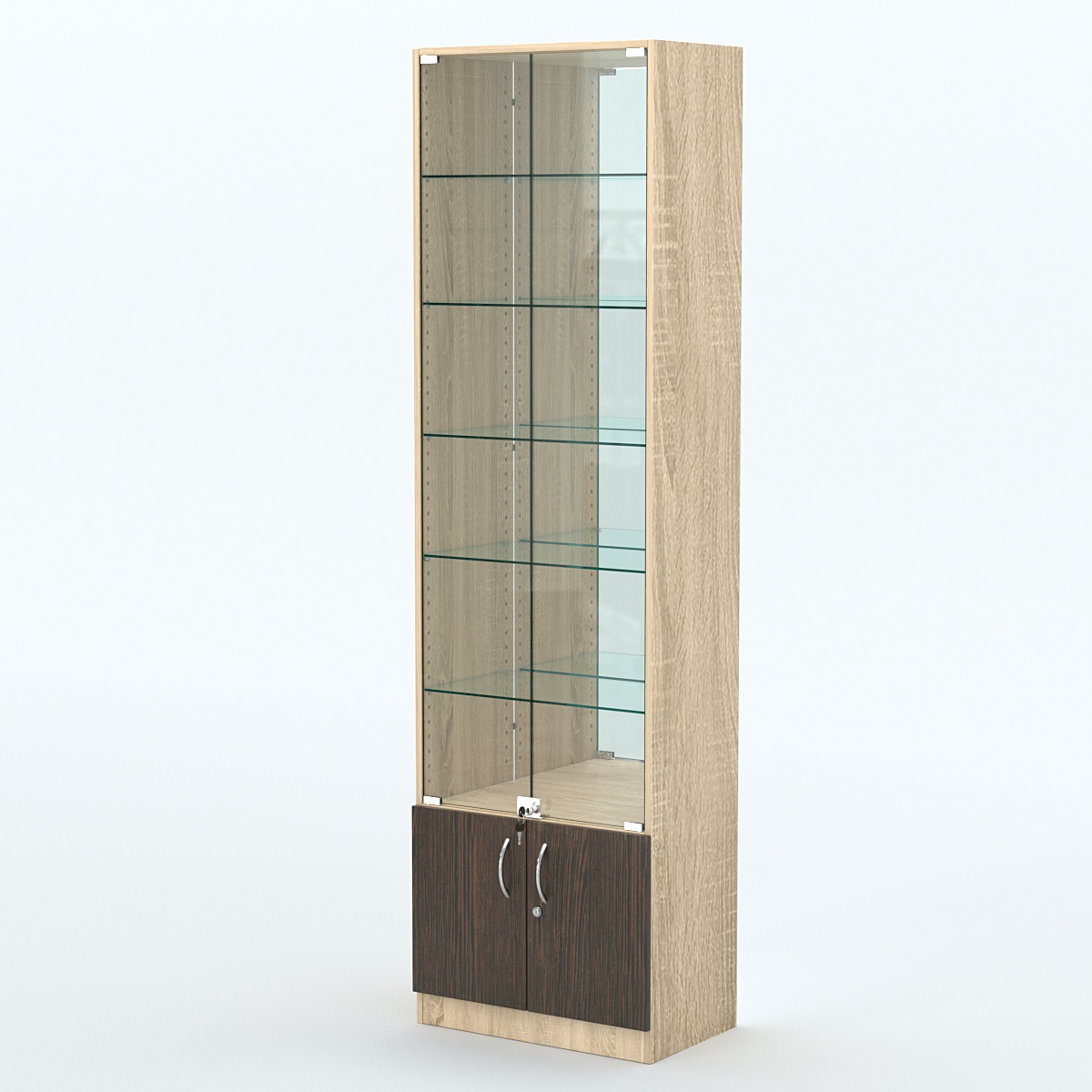 Торговая витрина с 5-ю стеклянными полками 350x600 мм серии NEXT-5 №6-2 (З/C - ЗЕРКАЛО) Дуб Сонома + Дуб Венге