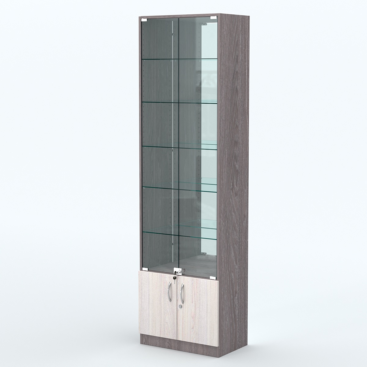Торговая витрина с 5-ю стеклянными полками 350x600 мм серии NEXT-5 №6-2 (З/C - ЗЕРКАЛО) Ясень Анкор темный + Ясень Анкор светлый