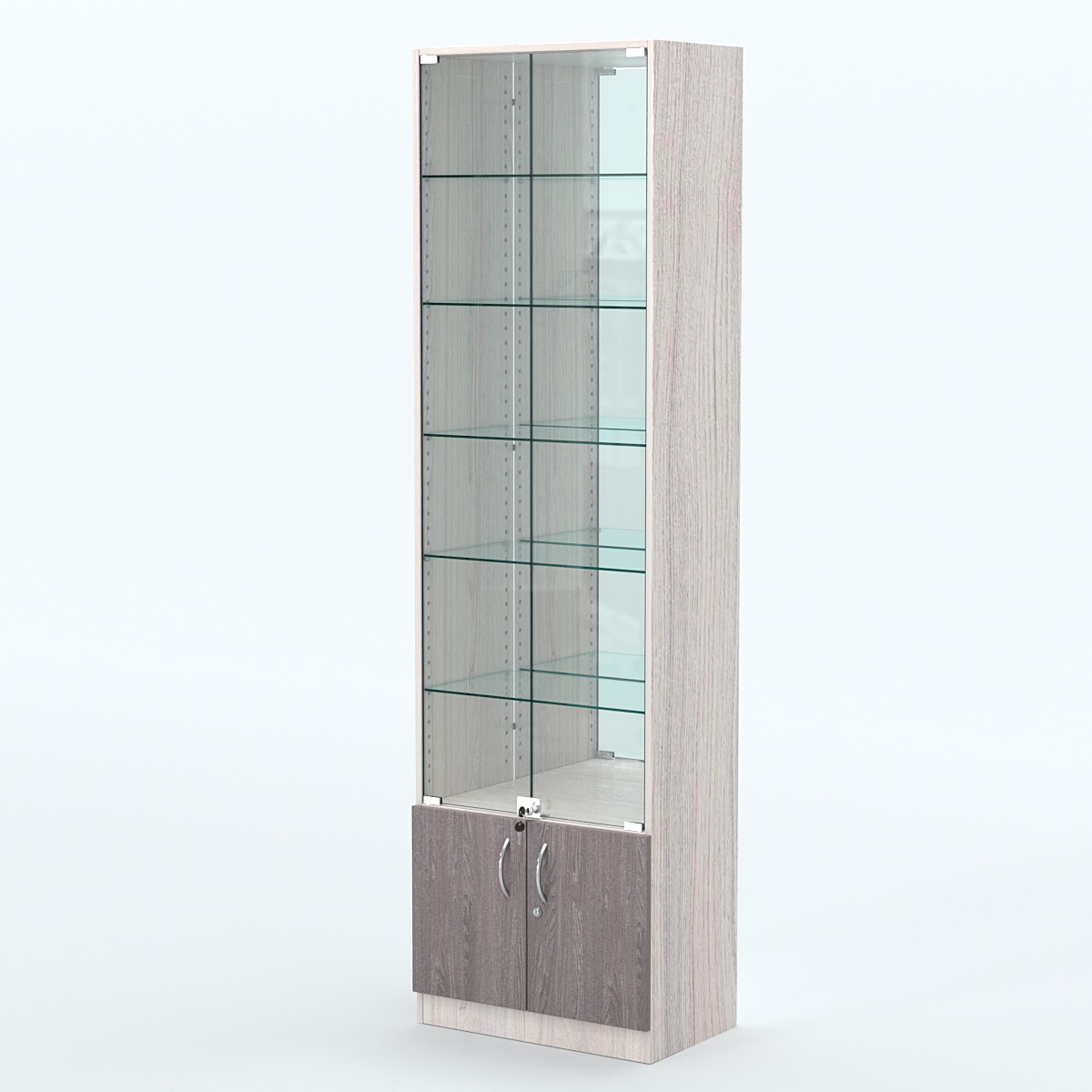 Торговая витрина с 5-ю стеклянными полками 350x600 мм серии NEXT-5 №6-2 (З/C - ЗЕРКАЛО) Ясень Анкор светлый + Ясень Анкор темный