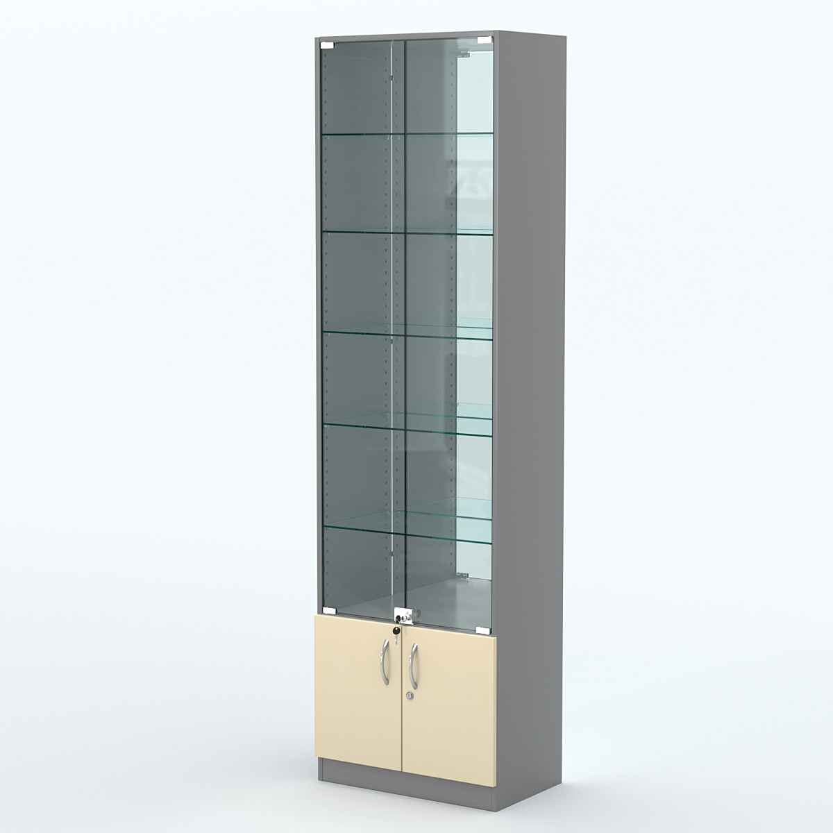 Торговая витрина с 5-ю стеклянными полками 350x600 мм серии NEXT-5 №6-2 (З/C - ЗЕРКАЛО) Темно-серый + Крем Вайс