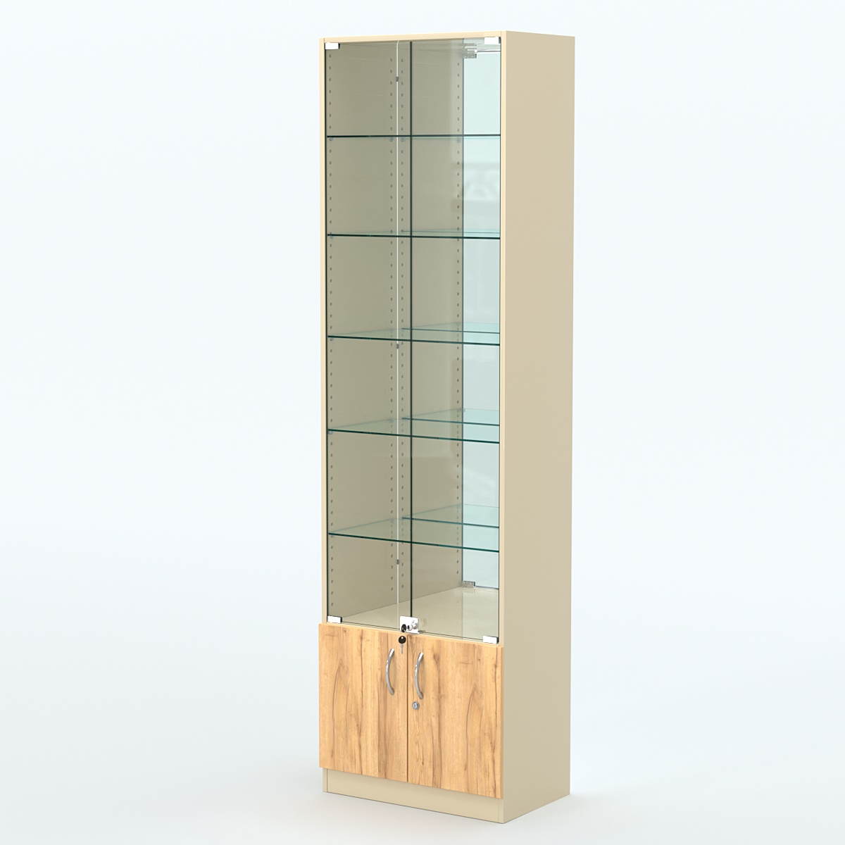 Торговая витрина с 5-ю стеклянными полками 350x600 мм серии NEXT-5 №6-2 (З/C - ЗЕРКАЛО) Крем Вайс и Дуб Золотистый