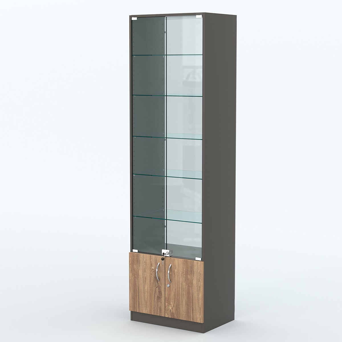 Торговая витрина с 5-ю стеклянными полками 400x600 мм серии NEXT-5 №7-1 (З/C - СТЕКЛО) Черный + Дуб Канзас Коричневый