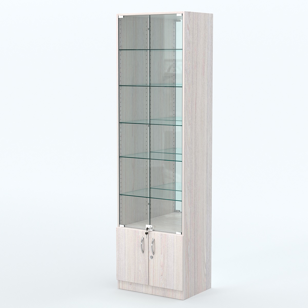 Торговая витрина с 5-ю стеклянными полками 400x600 мм серии NEXT-5 №7-2 (З/C - ЗЕРКАЛО) Ясень Анкор светлый