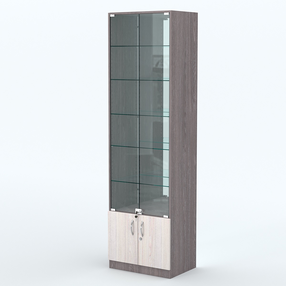 Торговая витрина с 5-ю стеклянными полками 400x600 мм серии NEXT-5 №7-2 (З/C - ЗЕРКАЛО) Ясень Анкор темный + Ясень Анкор светлый