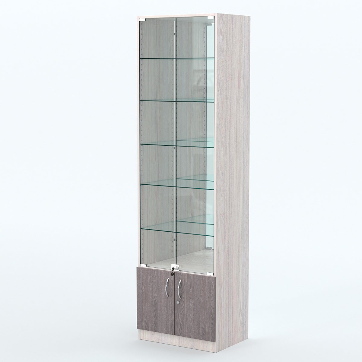 Торговая витрина с 5-ю стеклянными полками 400x600 мм серии NEXT-5 №7-2 (З/C - ЗЕРКАЛО) Ясень Анкор светлый + Ясень Анкор темный