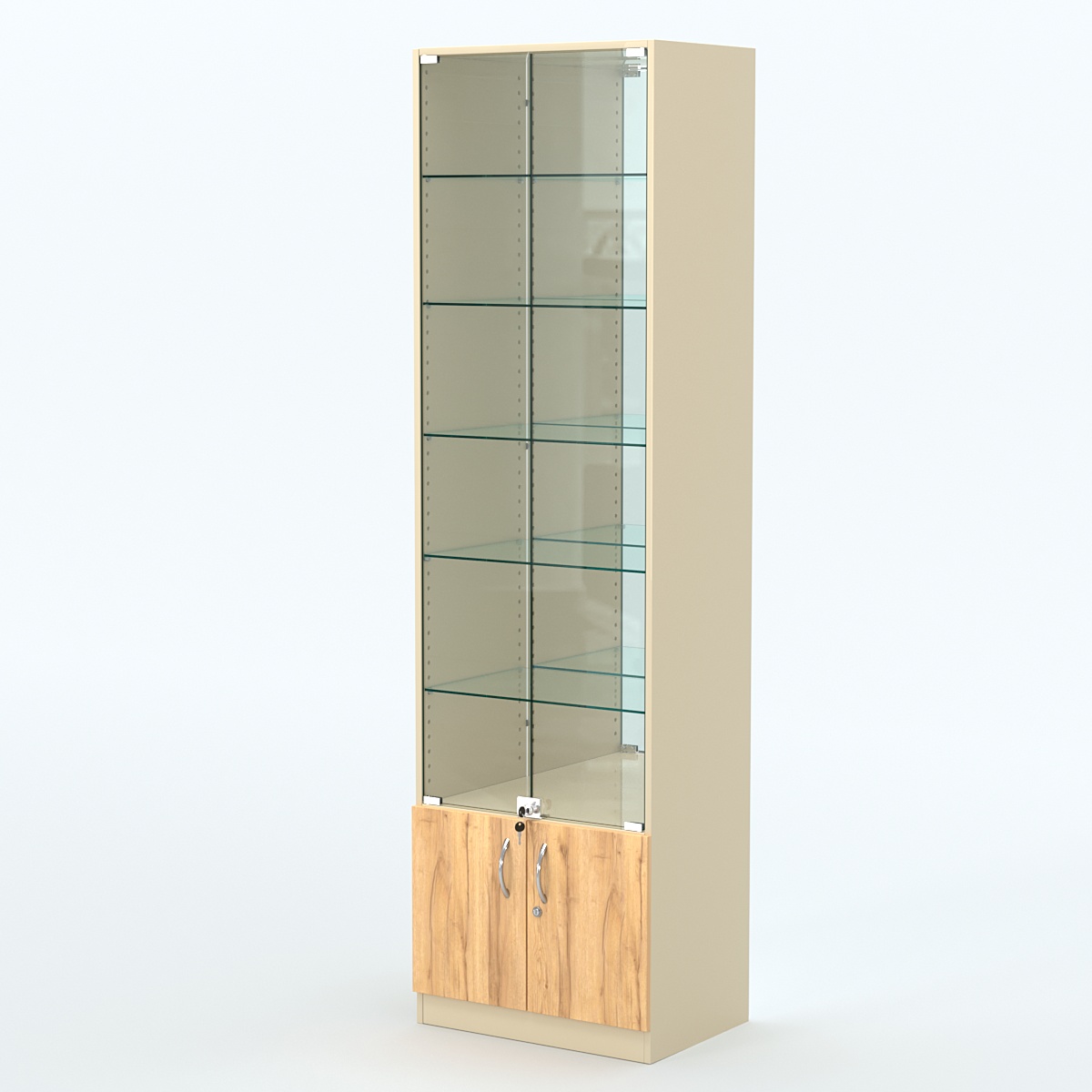 Торговая витрина с 5-ю стеклянными полками 400x600 мм серии NEXT-5 №7-2 (З/C - ЗЕРКАЛО) Крем Вайс и Дуб Золотистый