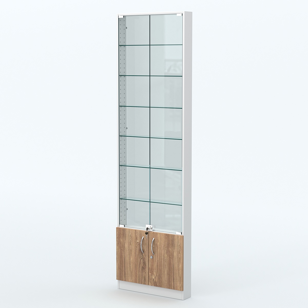 Торговая витрина с 6-ю стеклянными полками 100x600 мм серии NEXT-6 №1-1 (З/C - СТЕКЛО) Белый + Дуб канзас коричневый