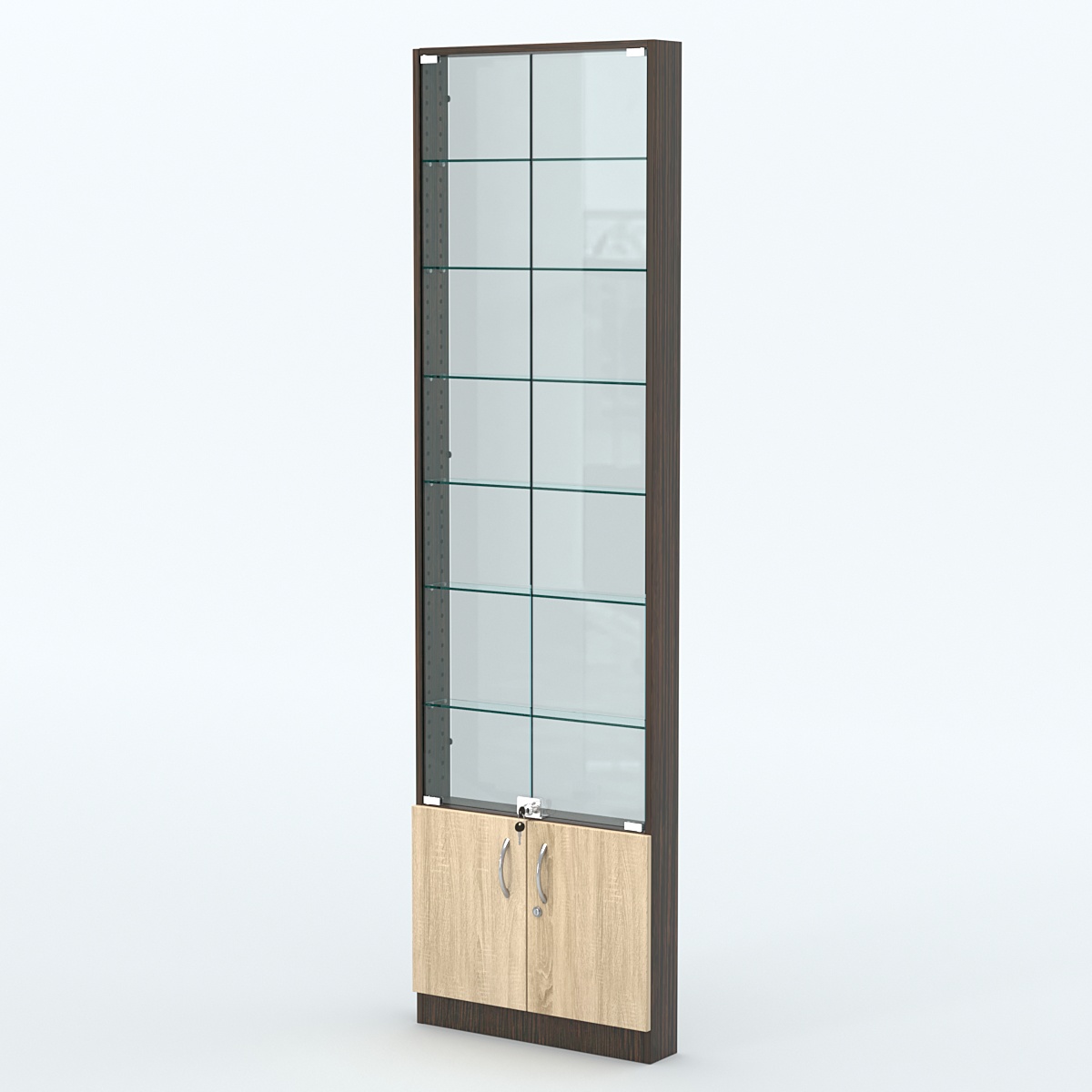 Торговая витрина с 6-ю стеклянными полками 100x600 мм серии NEXT-6 №1-1 (З/C - СТЕКЛО) Дуб Венге + Дуб Сонома