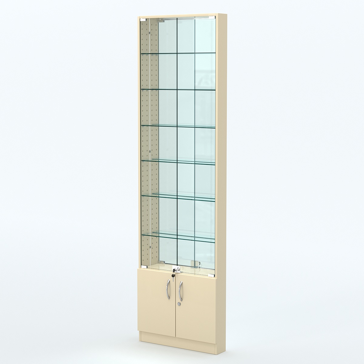 Торговая витрина с 6-ю стеклянными полками 100x600 мм серии NEXT-6 №1-2 (З/C - ЗЕРКАЛО) Крем Вайс