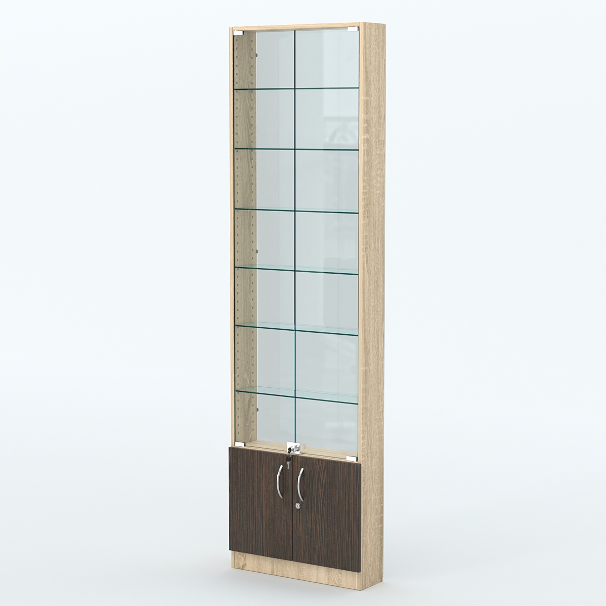 Торговая витрина с 6-ю стеклянными полками 150x600 мм серии NEXT-6 №2-1 (З/C - СТЕКЛО) Дуб Сонома + Дуб Венге