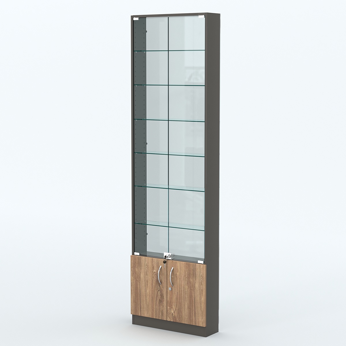 Торговая витрина с 6-ю стеклянными полками 150x600 мм серии NEXT-6 №2-1 (З/C - СТЕКЛО) Черный + Дуб Канзас Коричневый