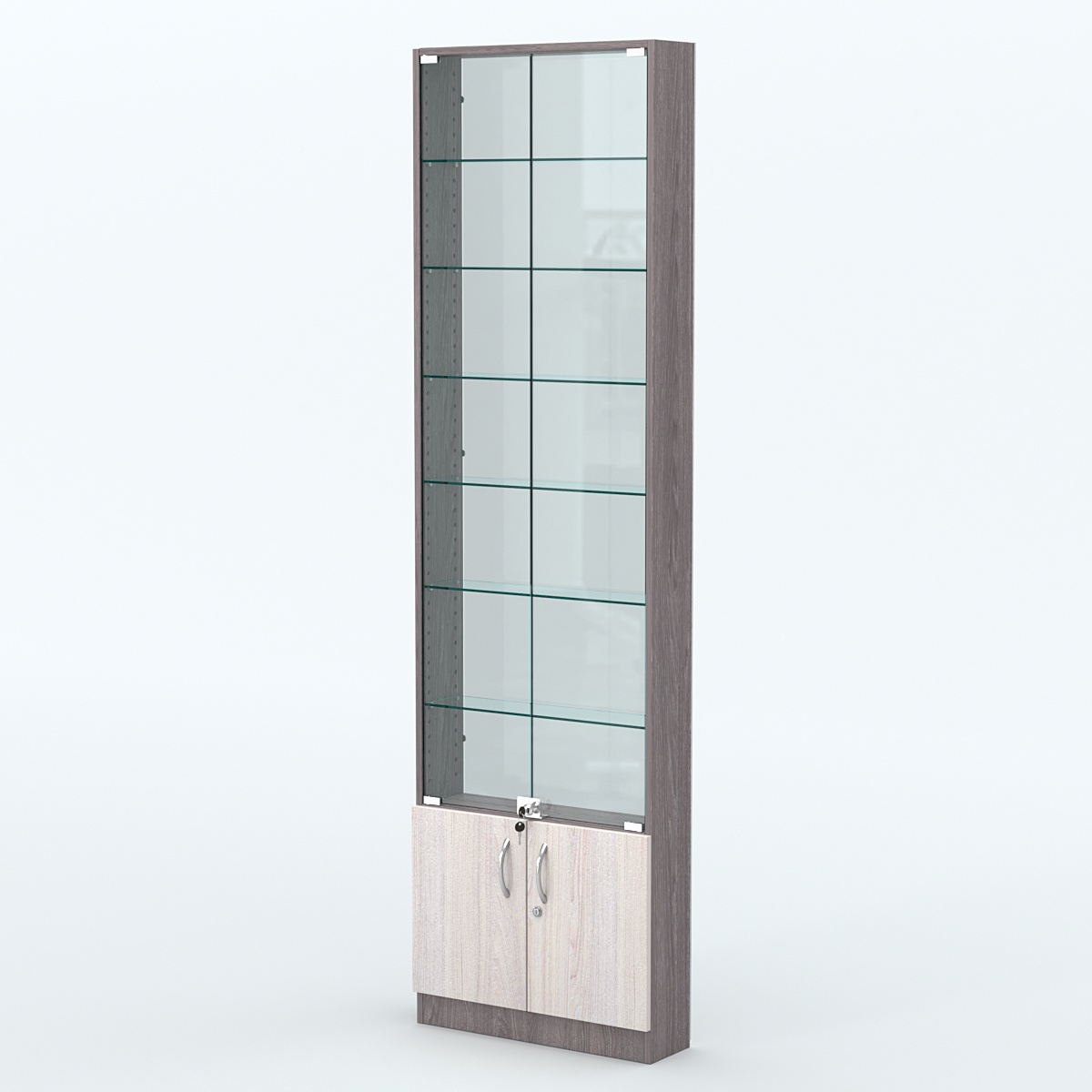 Торговая витрина с 6-ю стеклянными полками 150x600 мм серии NEXT-6 №2-1 (З/C - СТЕКЛО) Ясень Анкор темный + Ясень Анкор светлый