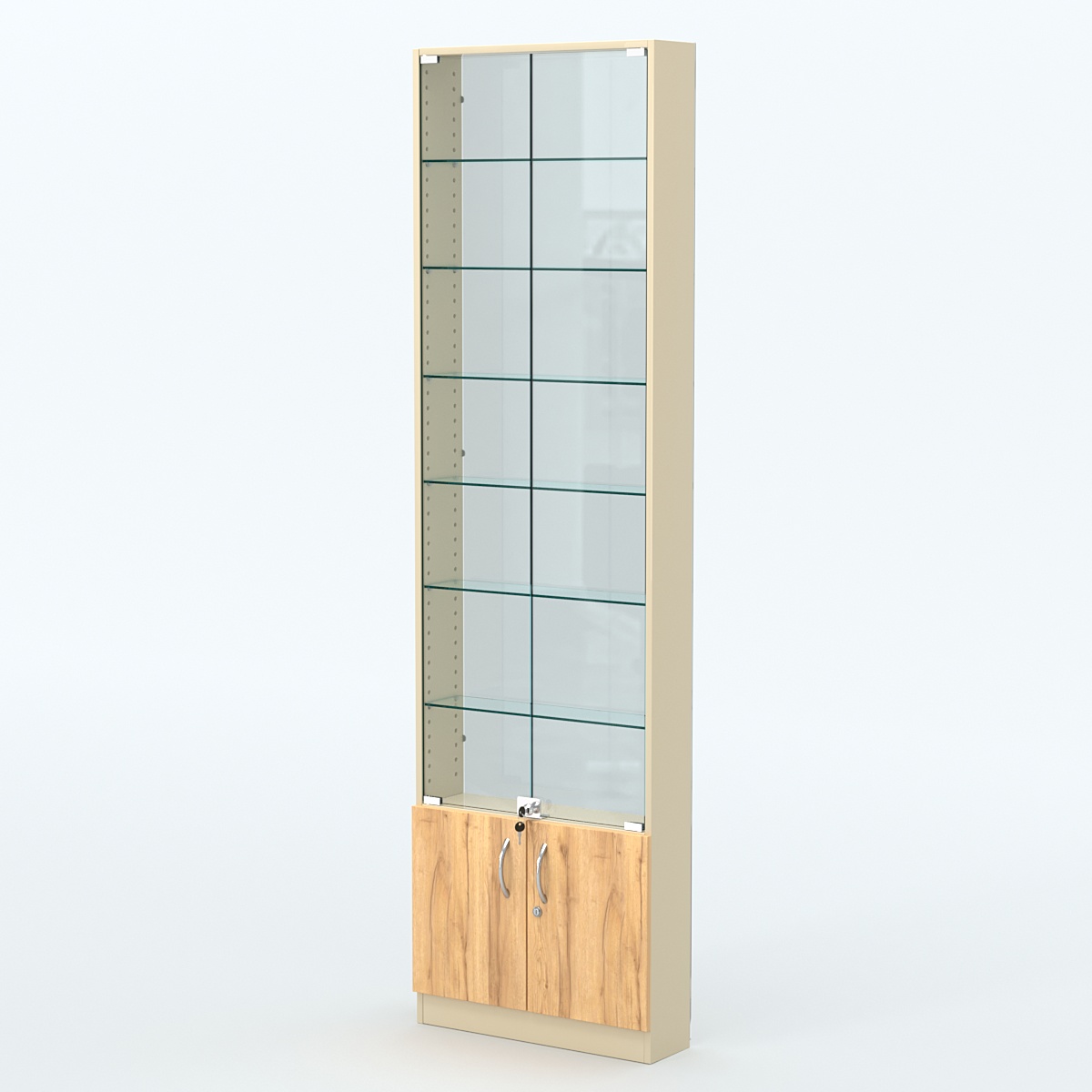 Торговая витрина с 6-ю стеклянными полками 150x600 мм серии NEXT-6 №2-1 (З/C - СТЕКЛО) Крем Вайс и Дуб Золотистый