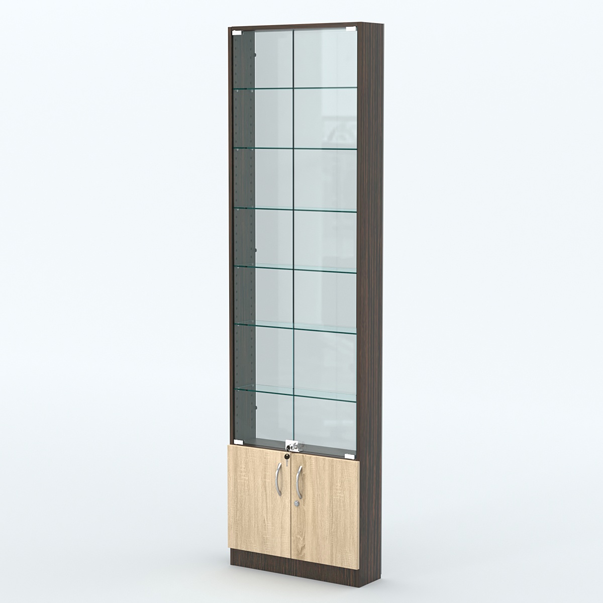 Торговая витрина с 6-ю стеклянными полками 150x600 мм серии NEXT-6 №2-1 (З/C - СТЕКЛО) Дуб Венге + Дуб Сонома