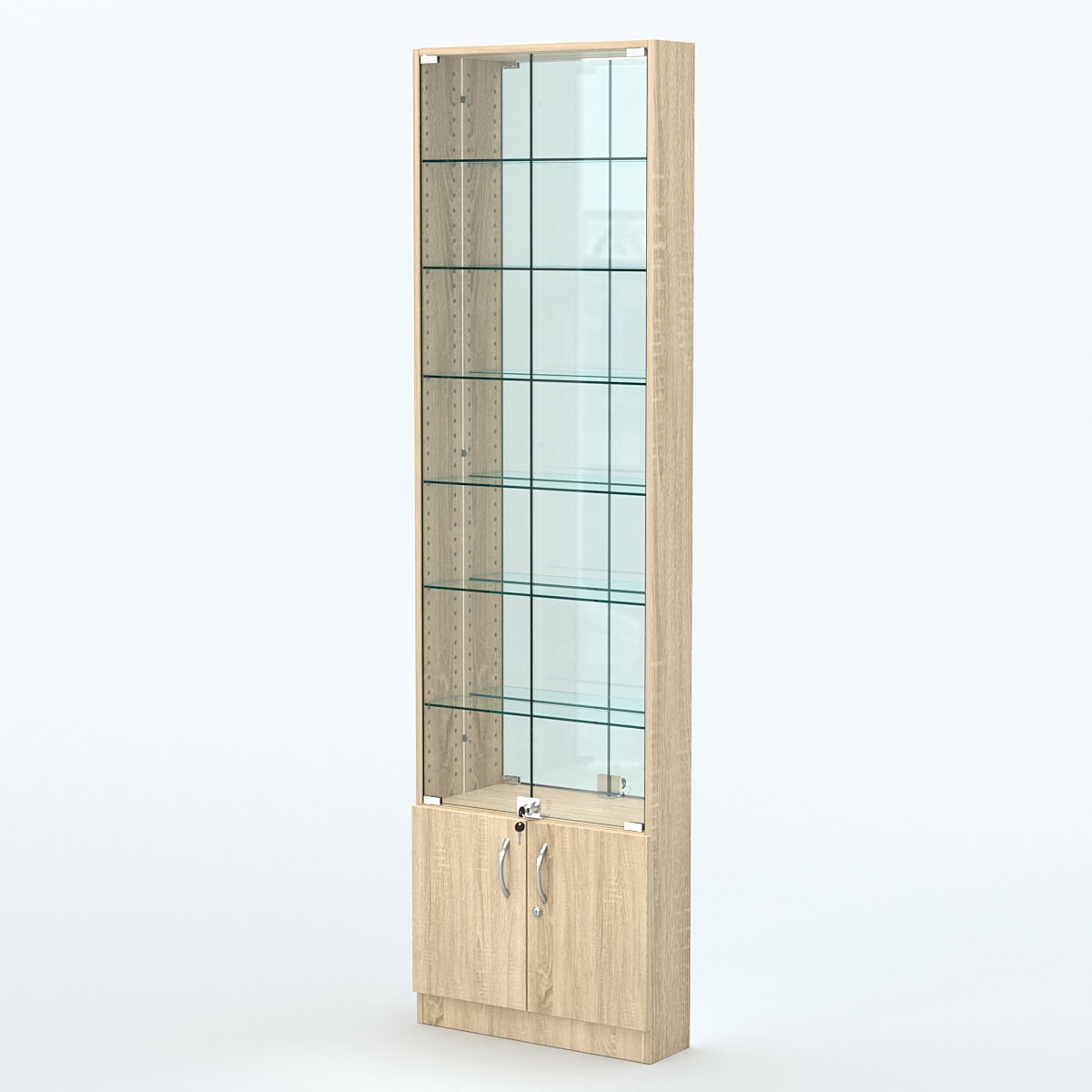 Торговая витрина с 6-ю стеклянными полками 150x600 мм серии NEXT-6 №2-2 (З/C - ЗЕРКАЛО) Дуб сонома