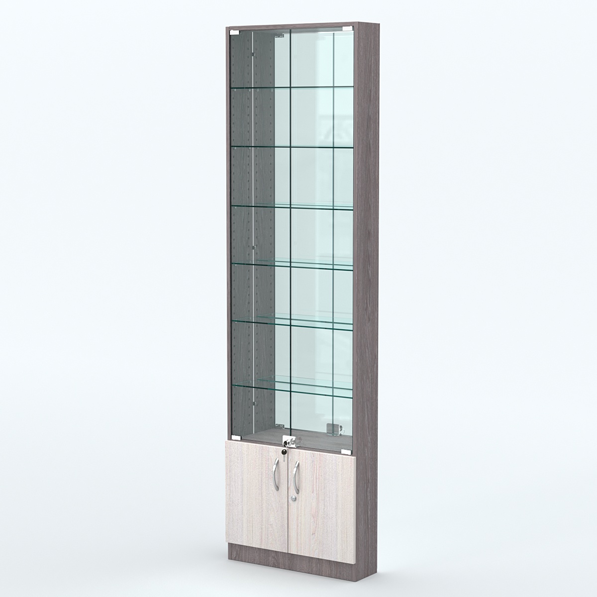 Торговая витрина с 6-ю стеклянными полками 150x600 мм серии NEXT-6 №2-2 (З/C - ЗЕРКАЛО) Ясень Анкор темный + Ясень Анкор светлый