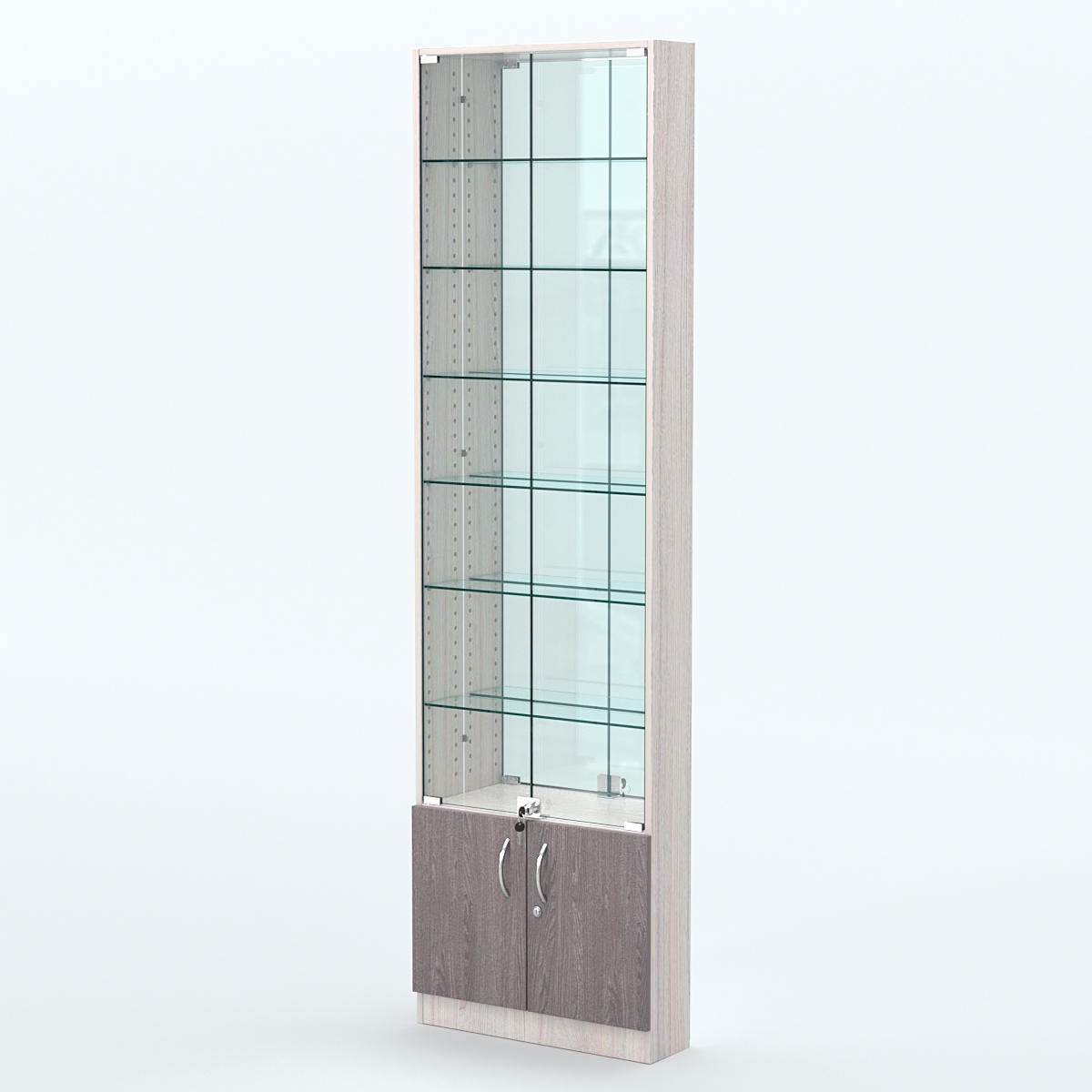 Торговая витрина с 6-ю стеклянными полками 150x600 мм серии NEXT-6 №2-2 (З/C - ЗЕРКАЛО) Ясень Анкор светлый + Ясень Анкор темный