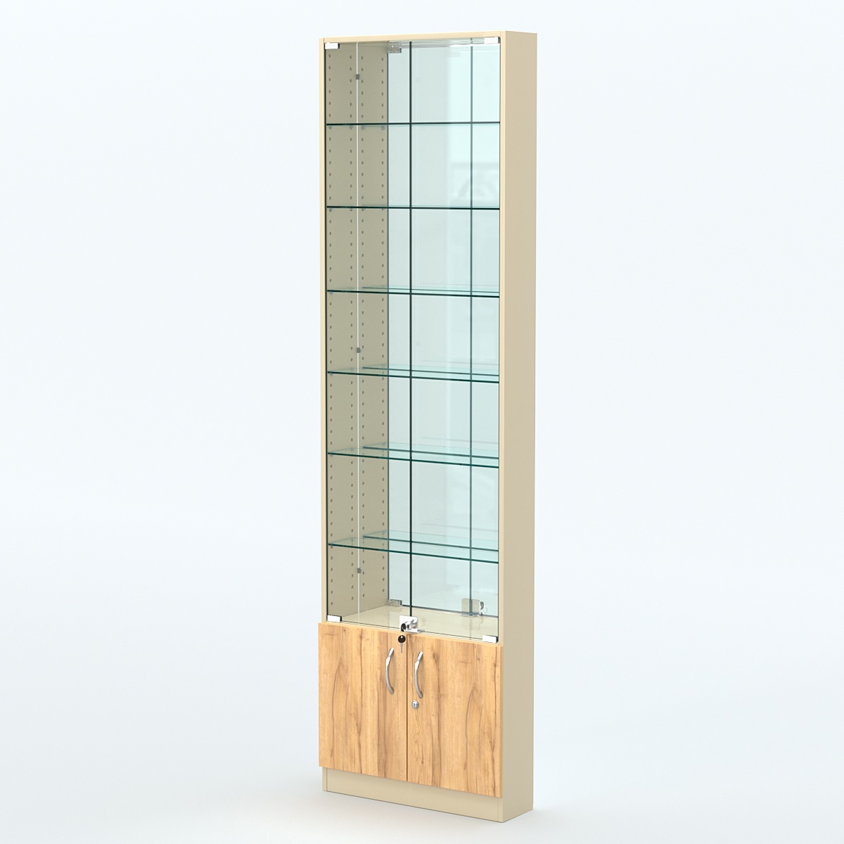 Торговая витрина с 6-ю стеклянными полками 150x600 мм серии NEXT-6 №2-2 (З/C - ЗЕРКАЛО) Крем Вайс и Дуб Золотистый