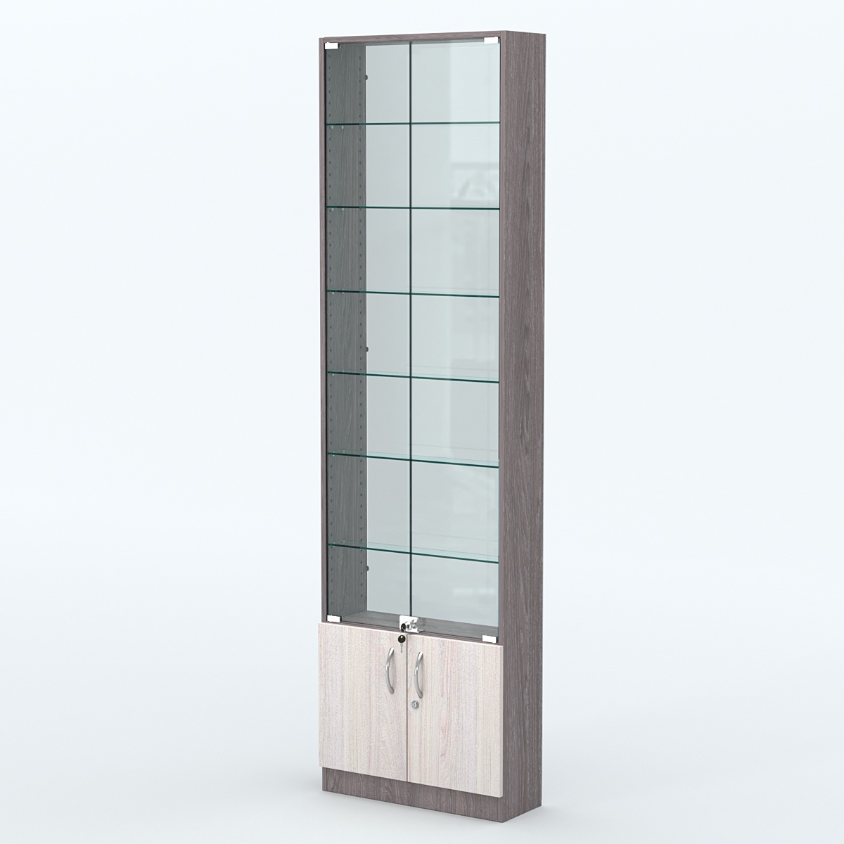 Торговая витрина с 6-ю стеклянными полками 200x600 мм серии NEXT-6 №3-1 (З/C - СТЕКЛО) Ясень Анкор темный + Ясень Анкор светлый