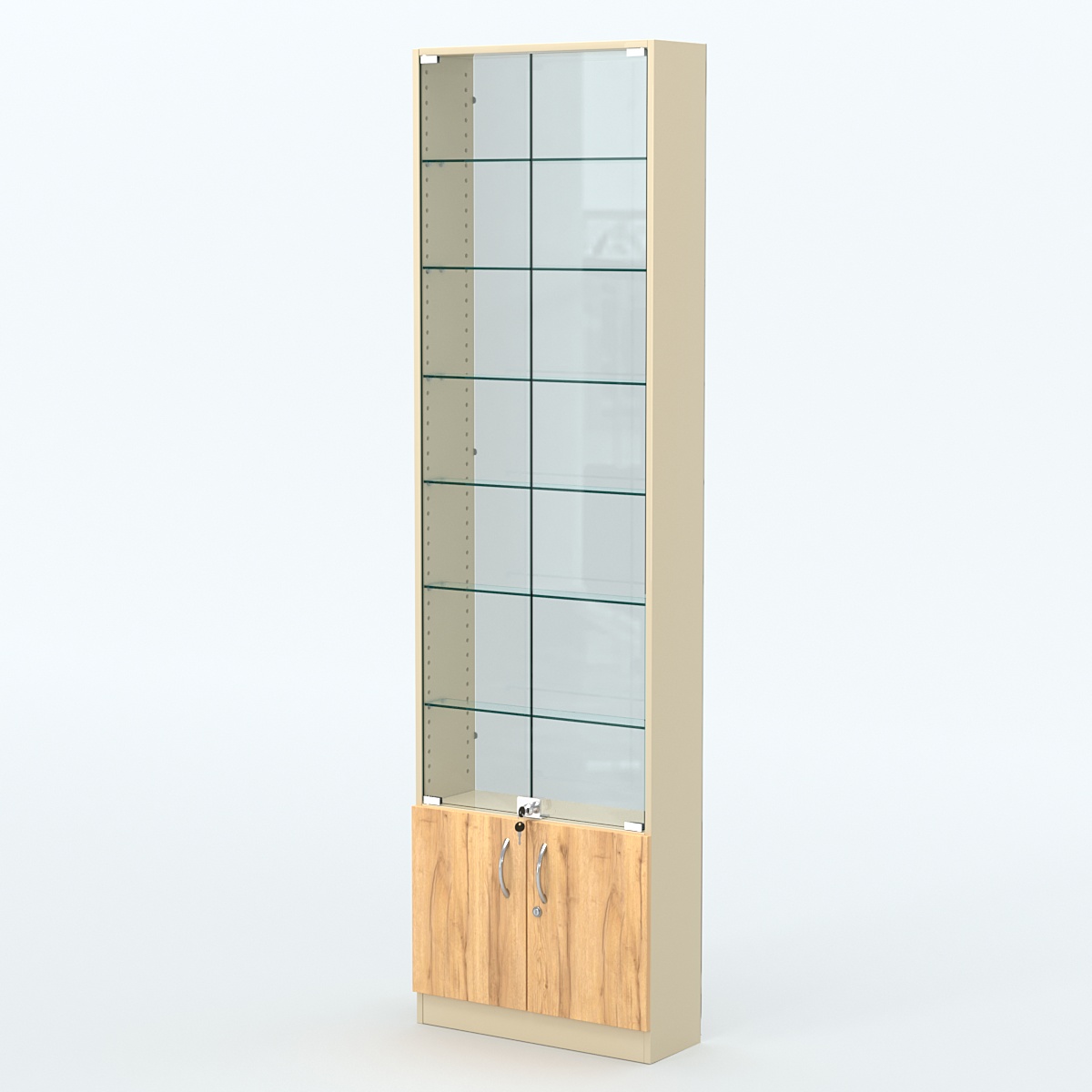 Торговая витрина с 6-ю стеклянными полками 200x600 мм серии NEXT-6 №3-1 (З/C - СТЕКЛО) Крем Вайс и Дуб Золотистый