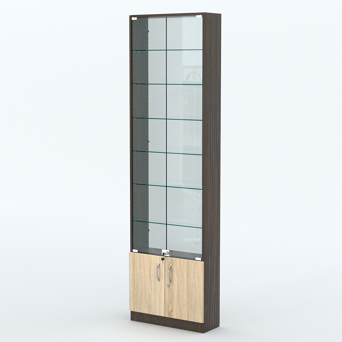 Торговая витрина с 6-ю стеклянными полками 200x600 мм серии NEXT-6 №3-1 (З/C - СТЕКЛО) Дуб Венге + Дуб Сонома