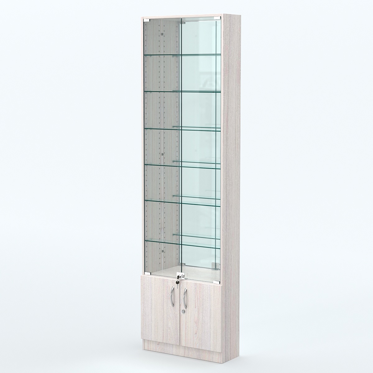 Торговая витрина с 6-ю стеклянными полками 200x600 мм серии NEXT-6 №3-2 (З/C - ЗЕРКАЛО) Ясень Анкор светлый