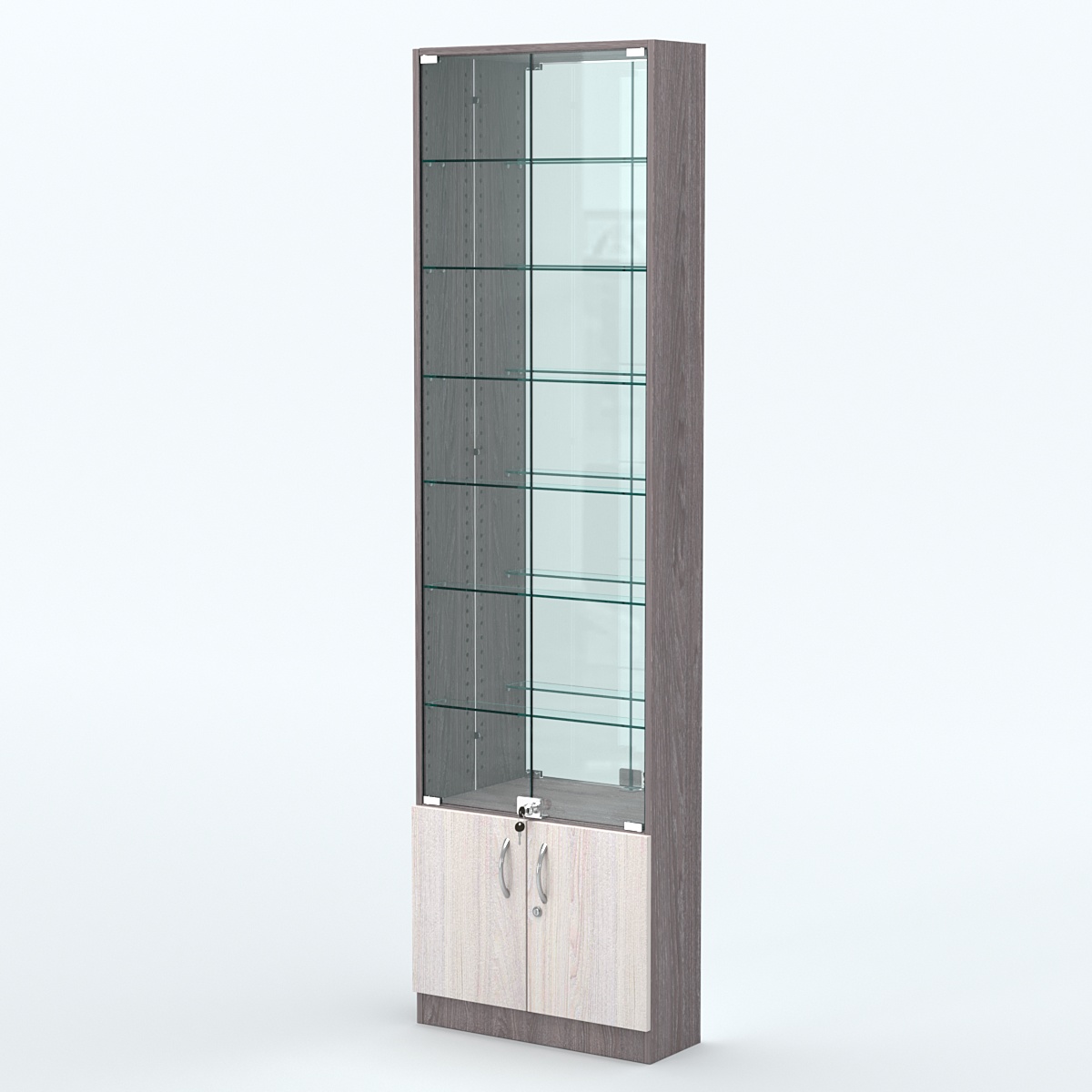 Торговая витрина с 6-ю стеклянными полками 200x600 мм серии NEXT-6 №3-2 (З/C - ЗЕРКАЛО) Ясень Анкор темный + Ясень Анкор светлый