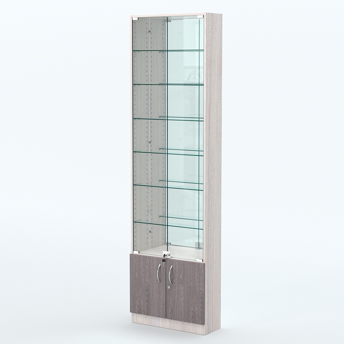 Торговая витрина с 6-ю стеклянными полками 200x600 мм серии NEXT-6 №3-2 (З/C - ЗЕРКАЛО) Ясень Анкор светлый + Ясень Анкор темный