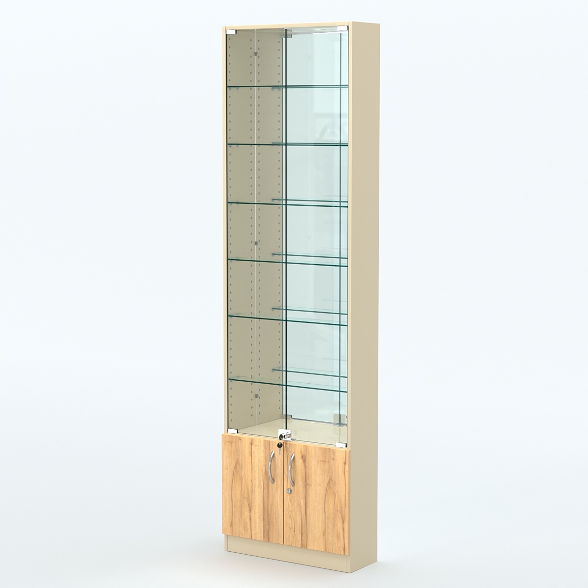 Торговая витрина с 6-ю стеклянными полками 200x600 мм серии NEXT-6 №3-2 (З/C - ЗЕРКАЛО) Крем Вайс и Дуб Золотистый
