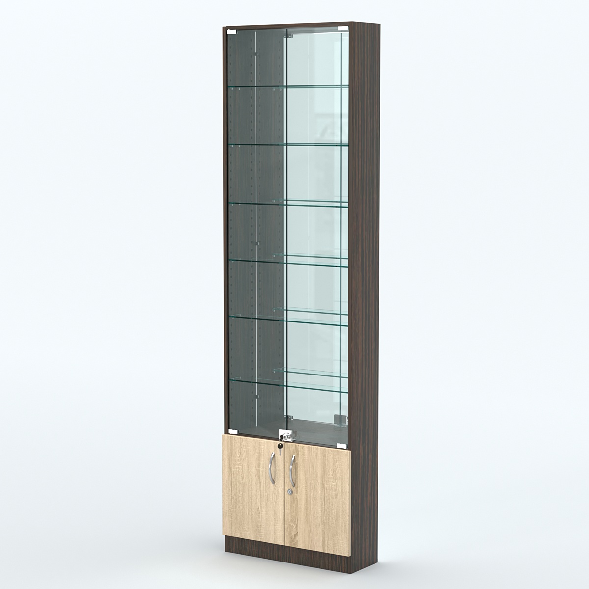 Торговая витрина с 6-ю стеклянными полками 200x600 мм серии NEXT-6 №3-2 (З/C - ЗЕРКАЛО) Дуб Венге + Дуб Сонома