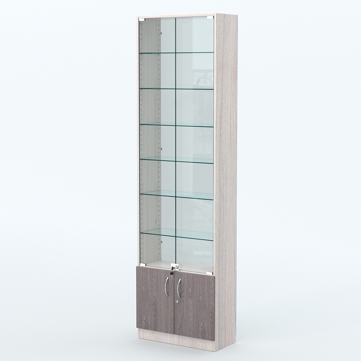 Торговая витрина с 6-ю стеклянными полками 250x600 мм серии NEXT-6 №4-1 (З/C - СТЕКЛО) Ясень Анкор светлый + Ясень Анкор темный