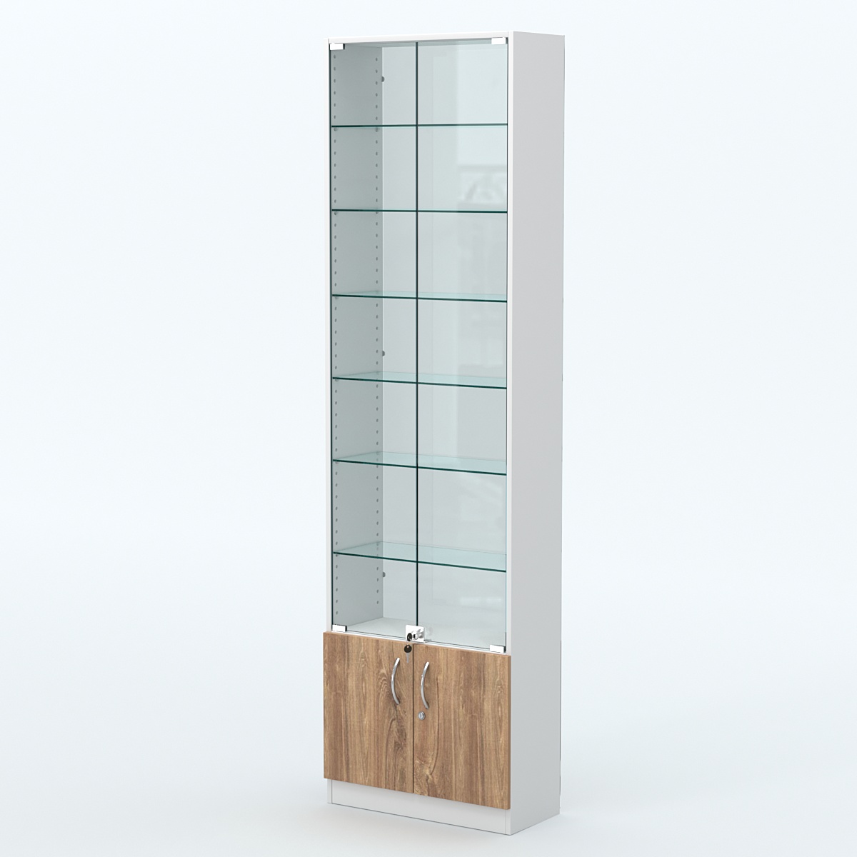 Торговая витрина с 6-ю стеклянными полками 250x600 мм серии NEXT-6 №4-1 (З/C - СТЕКЛО) Белый + Дуб канзас коричневый