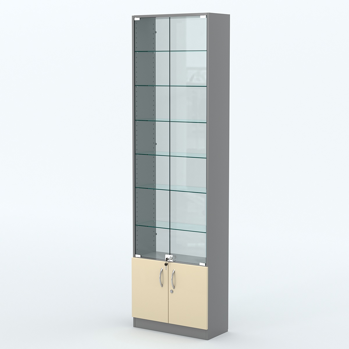 Торговая витрина с 6-ю стеклянными полками 250x600 мм серии NEXT-6 №4-1 (З/C - СТЕКЛО) Темно-серый + Крем Вайс