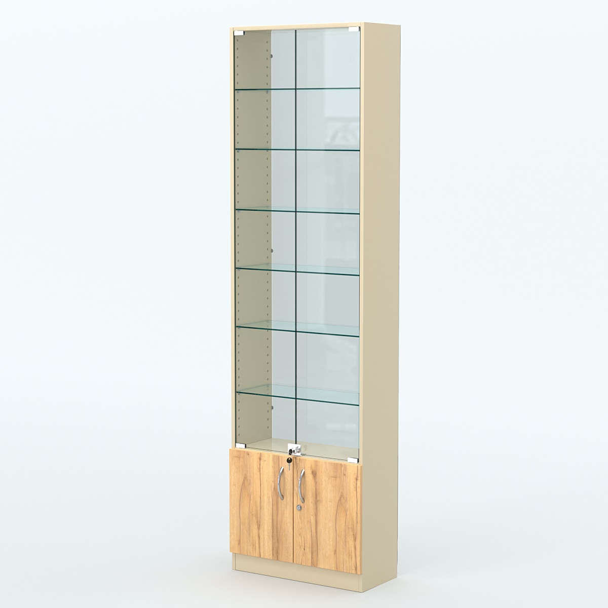 Торговая витрина с 6-ю стеклянными полками 250x600 мм серии NEXT-6 №4-1 (З/C - СТЕКЛО) Крем Вайс и Дуб Золотистый