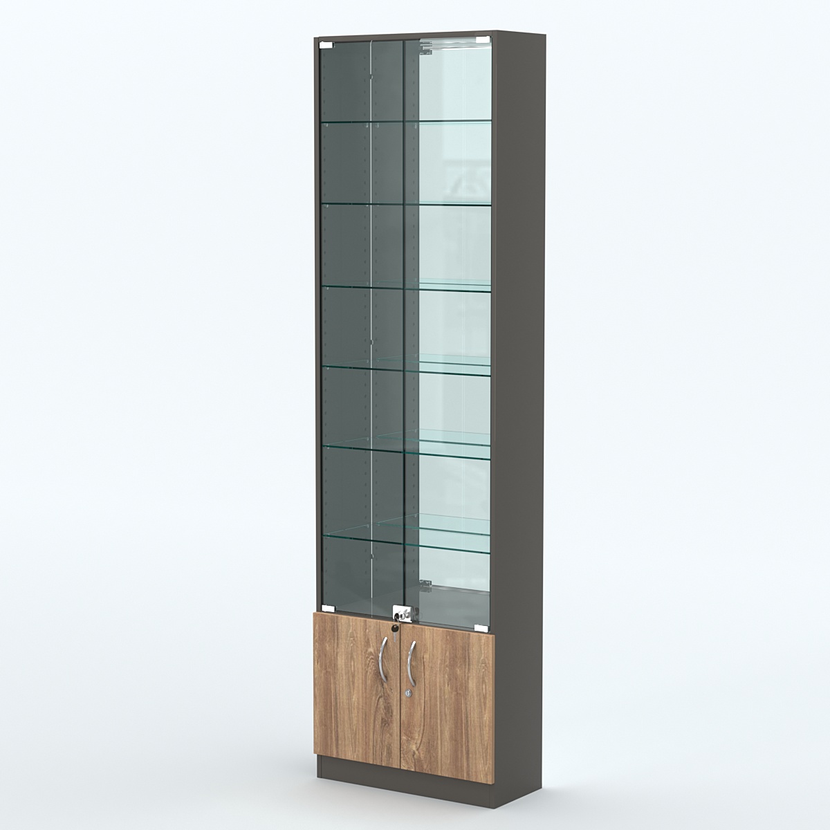 Торговая витрина с 6-ю стеклянными полками 250x600 мм серии NEXT-6 №4-2 (З/C - ЗЕРКАЛО) Черный + Дуб Канзас Коричневый