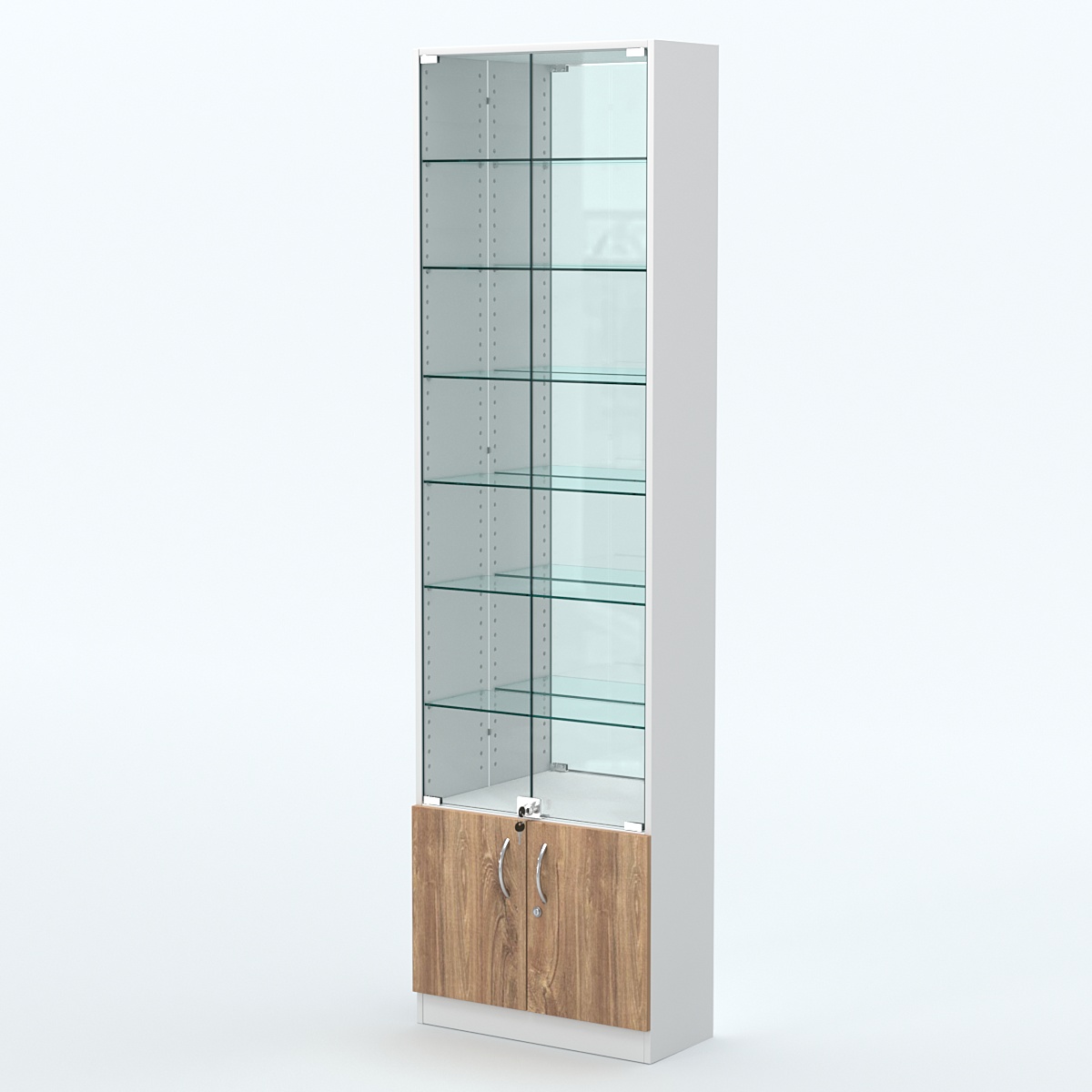 Торговая витрина с 6-ю стеклянными полками 250x600 мм серии NEXT-6 №4-2 (З/C - ЗЕРКАЛО) Белый + Дуб канзас коричневый