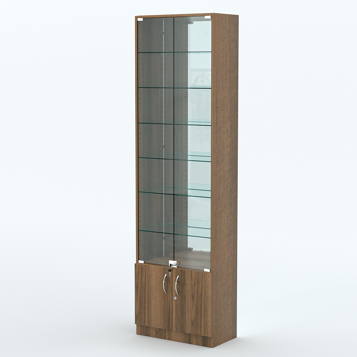 Торговая витрина с 6-ю стеклянными полками 300x600 мм серии NEXT-6 №5-2 (З/C - ЗЕРКАЛО) Орех