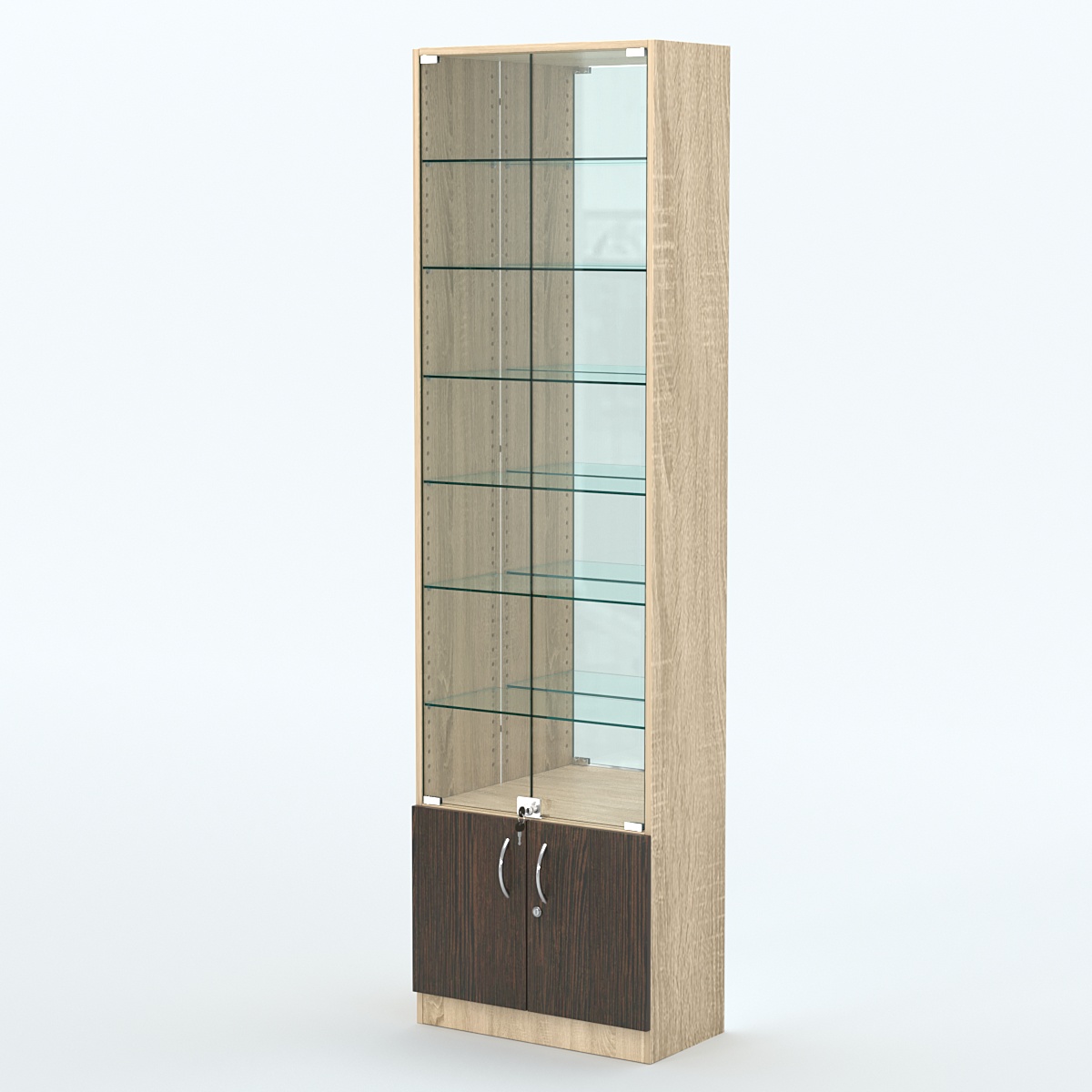 Торговая витрина с 6-ю стеклянными полками 300x600 мм серии NEXT-6 №5-2 (З/C - ЗЕРКАЛО) Дуб Сонома + Дуб Венге